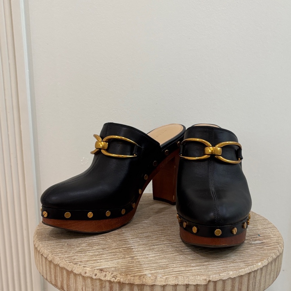 Veronica Beard Black Leather Mules with Gold Accents
